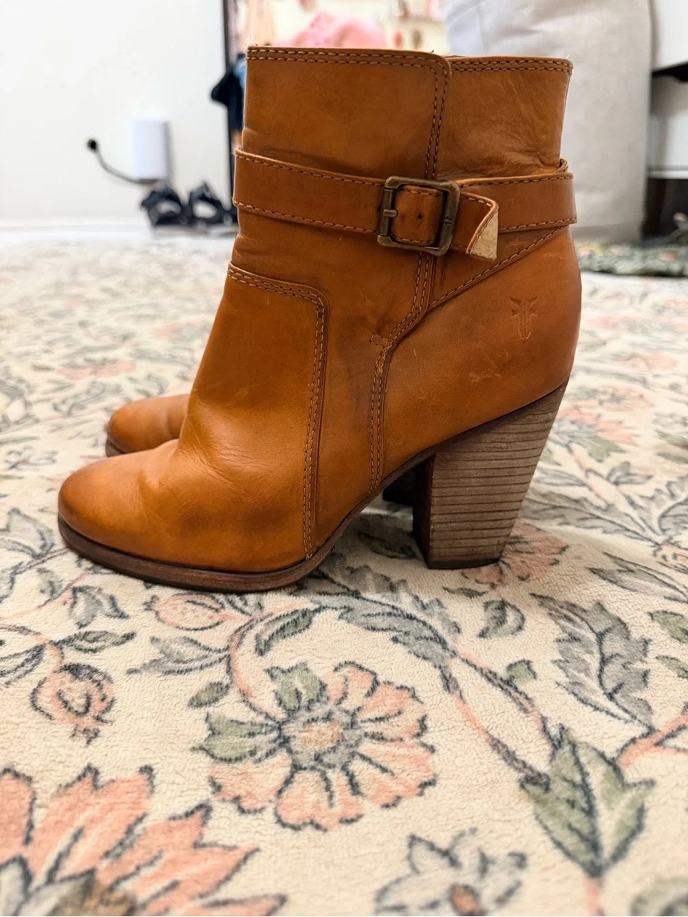 Frye Cognac Leather Buckle Ankle Booties